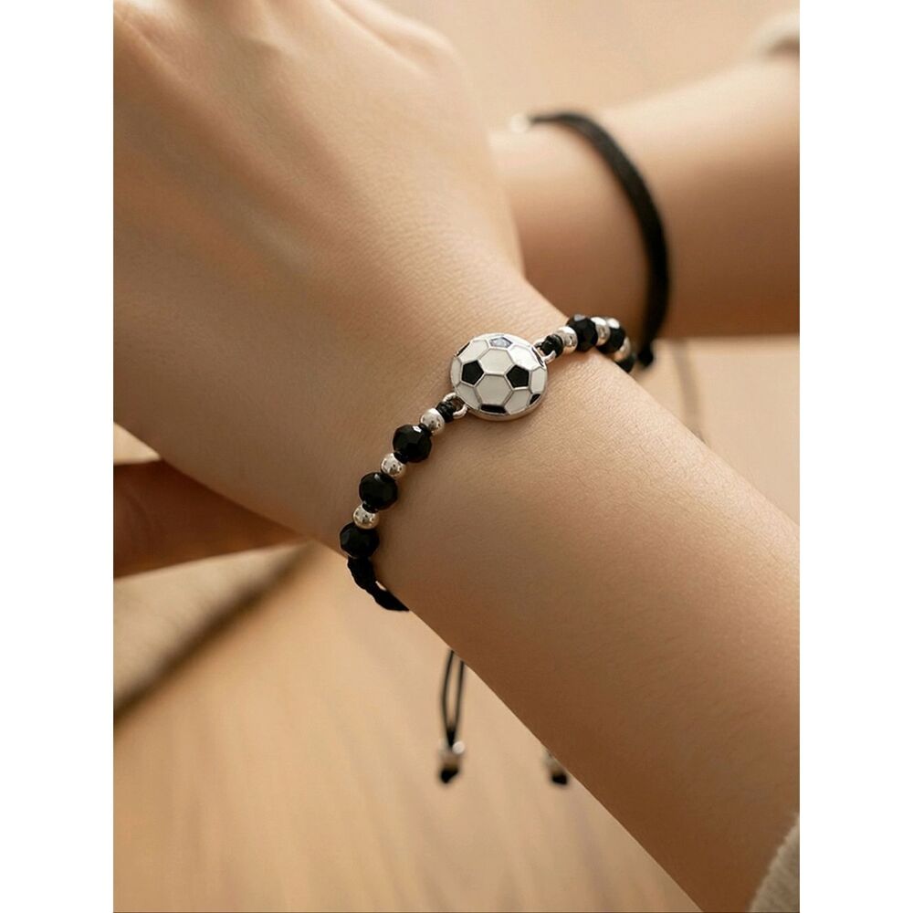 Soccer Girl Era String Bracelet Black White Ball Adjustable Sport Cord Moms Fans